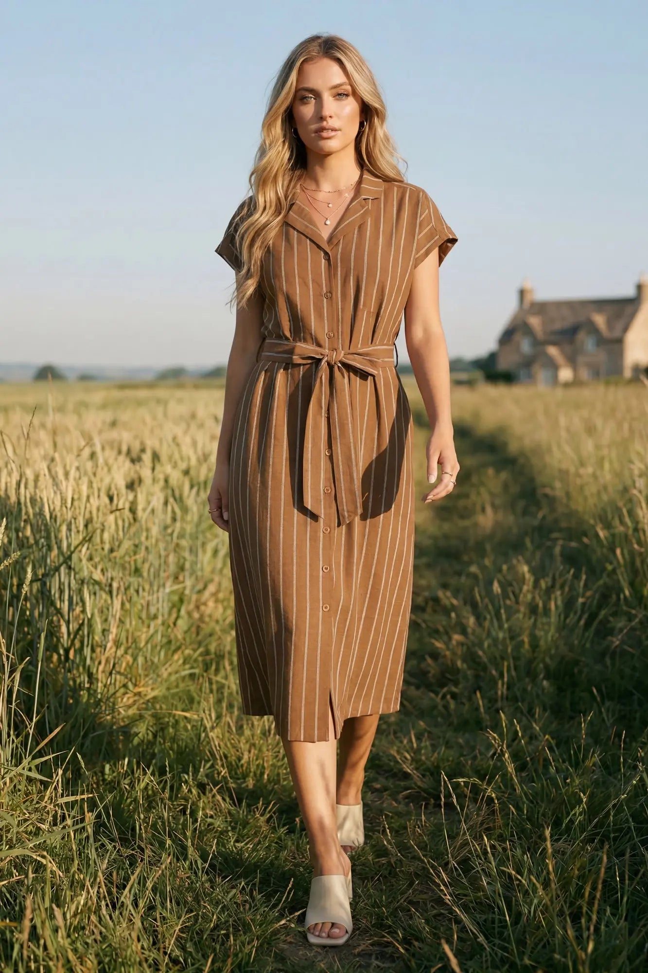 DROP SHORT SLEEVE WOVEN STRIPED BUTTON DOWN MIDI DRESS WITH WAIST TIE AND POCKETS