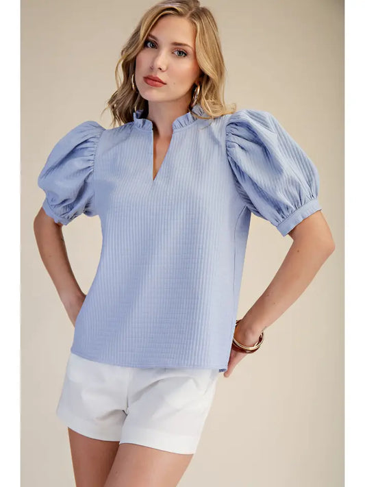 Ruffle V-Neck Puff Sleeve Top