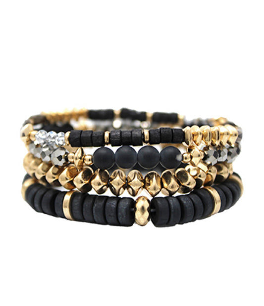 Heishi Stone 4 Row Bead Bracelet Set Black