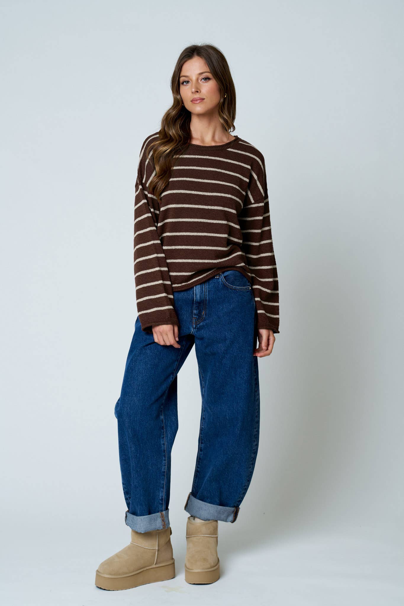 STRIPE TEXTURED RAW EDGE LONG SLEEVE KNIT SWEATER-BACKORDER