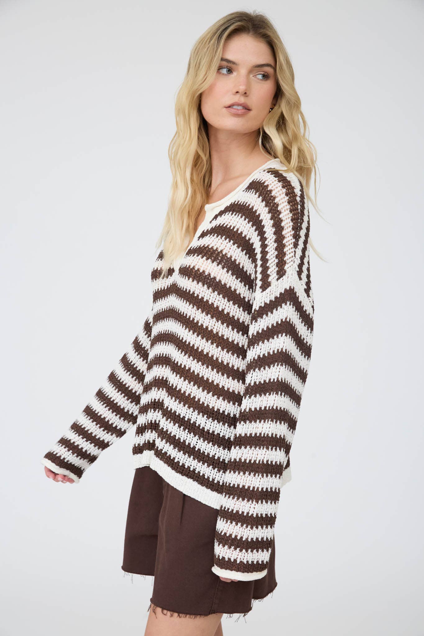 STRIPE RAW EDGE SPLIT NECK SWEATER