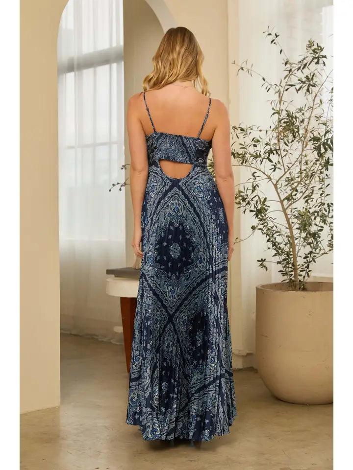 Bandana Print Pleated Maxi Dress