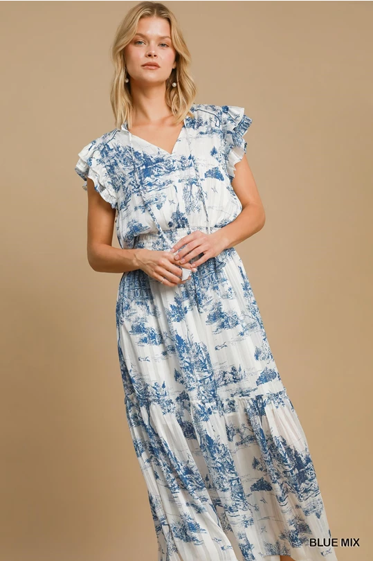 Two Tone Landscape Print Midi Dress