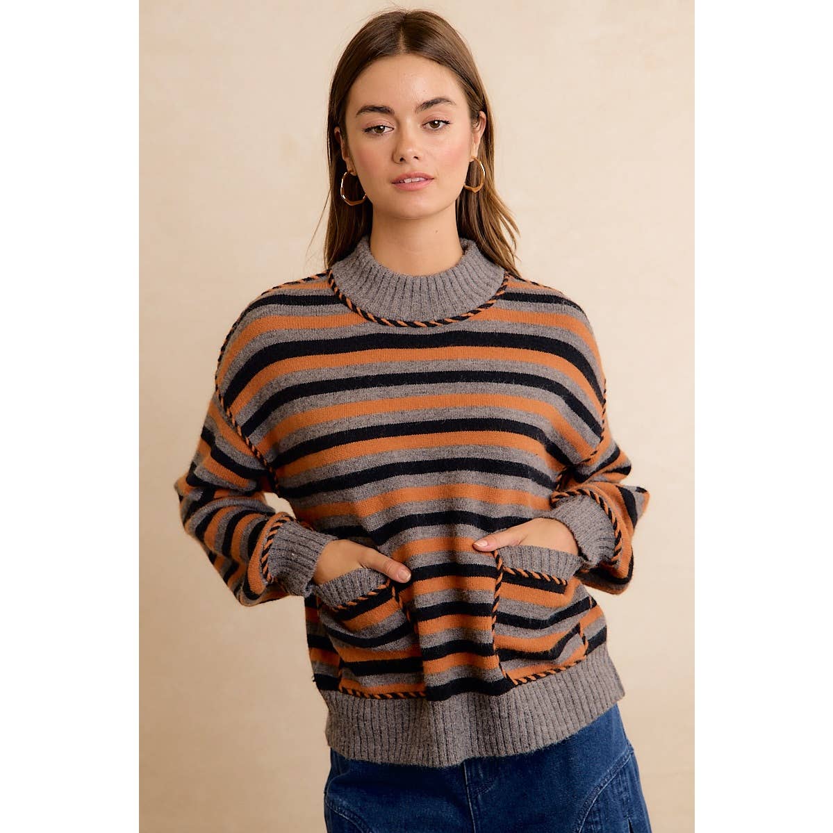 Halloween Striped Mock Neck Pocket Sweater