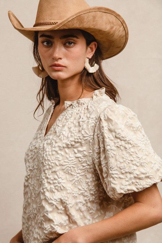 Floral Balloon Sleeve V Neck Top