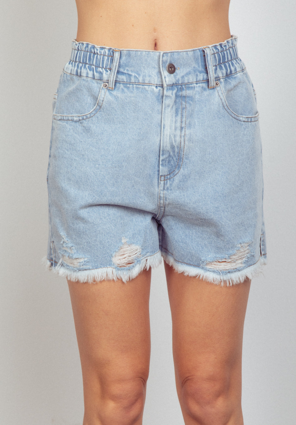 High Waist Distressed Washed Frayed Denim Shorts