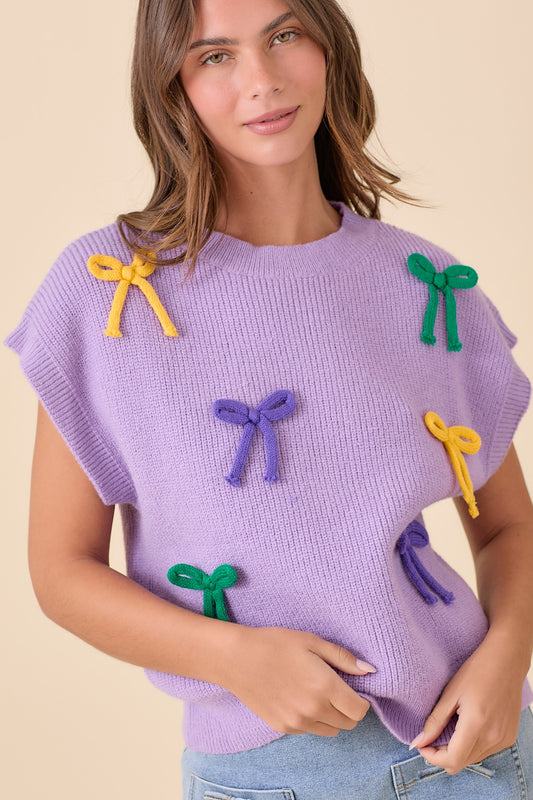 Mardi Gras Ribbon Bow Knit Top