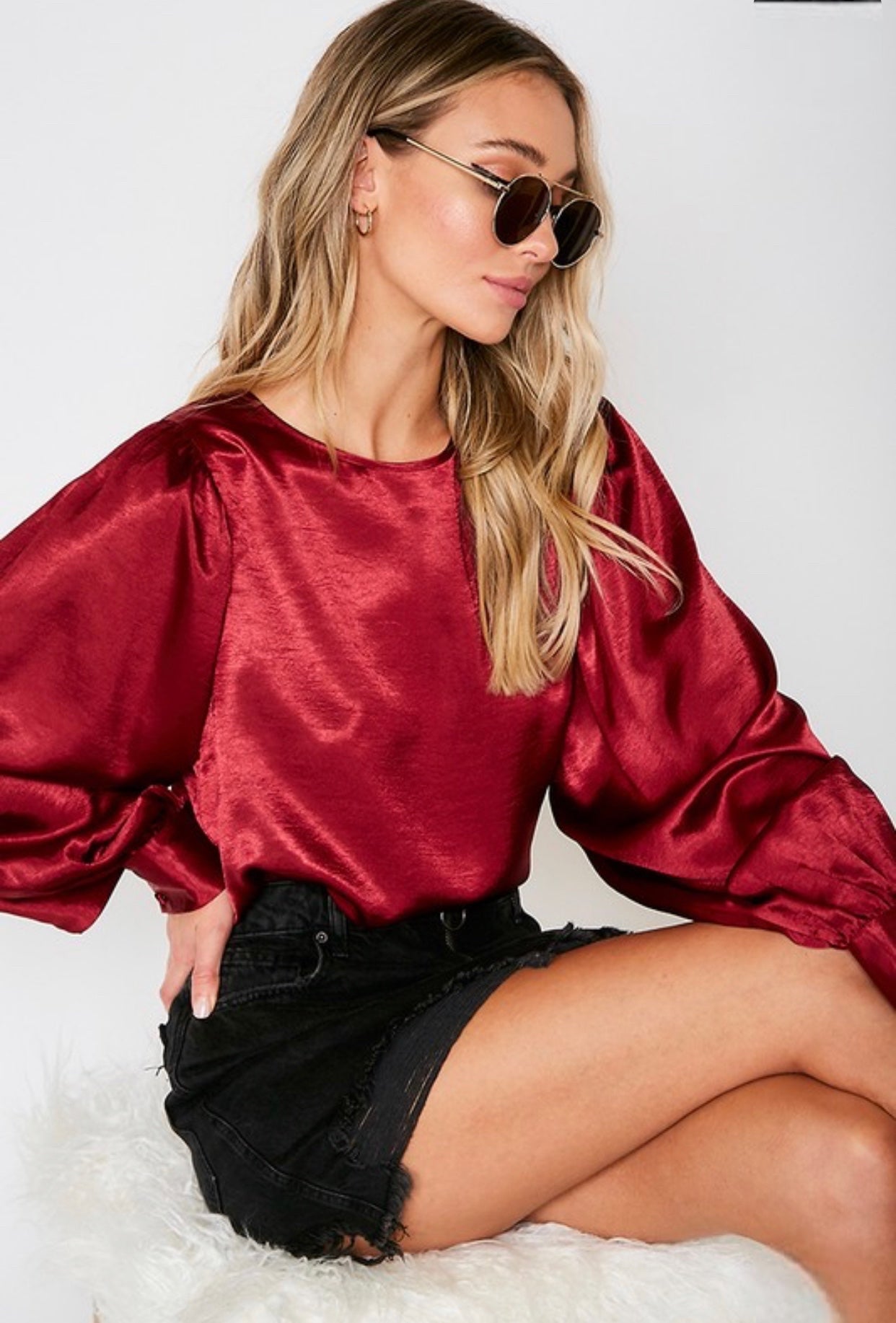 Satin Balloon Sleeve Blouse Burgundy