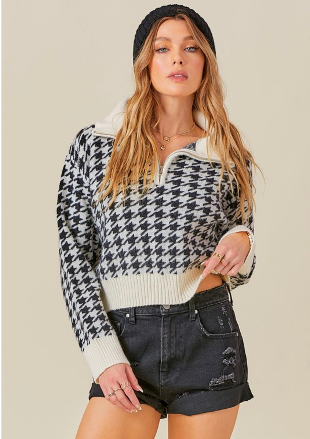 Houndstooth Half Zip Sweater