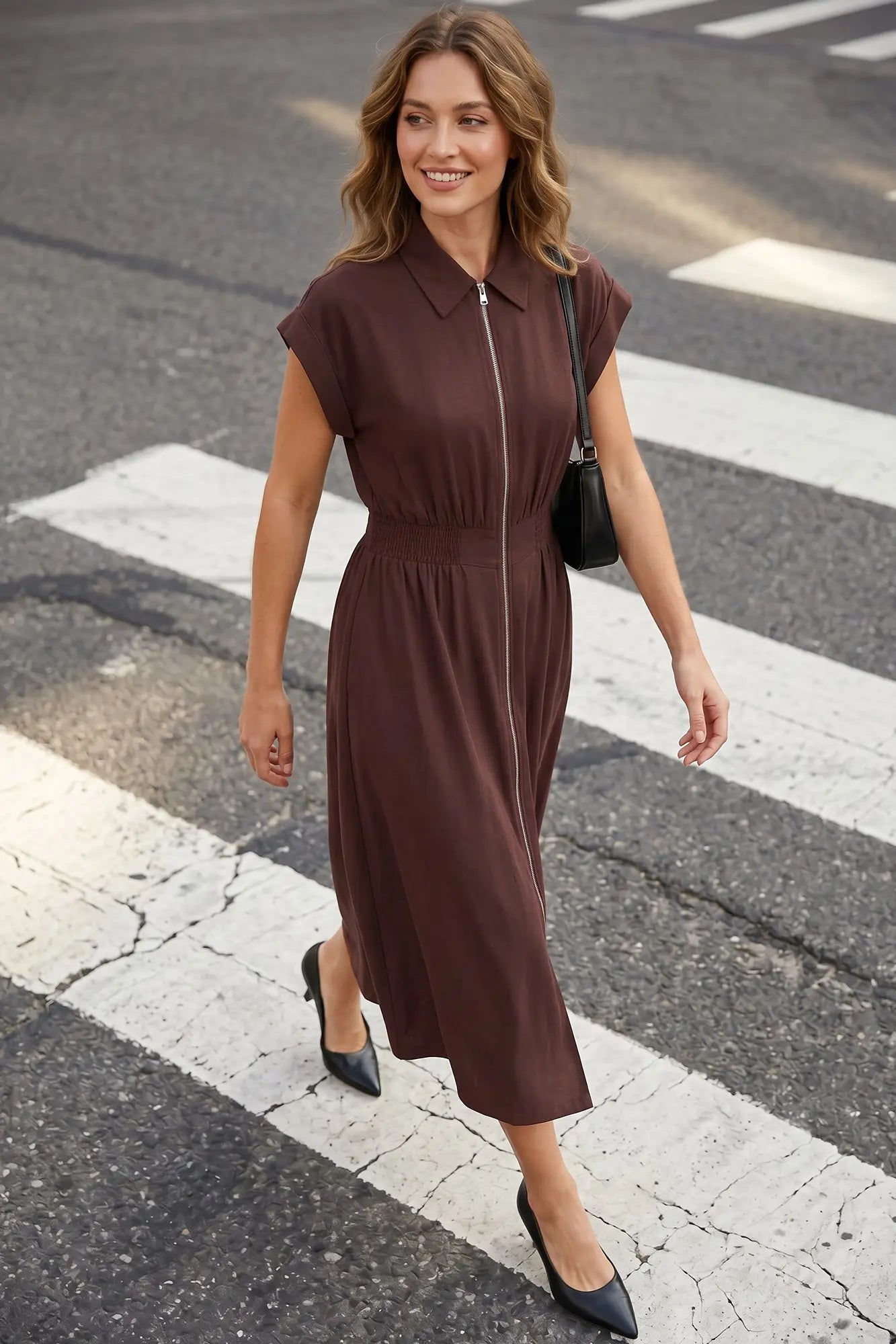 DROP SLEEVE WOVEN COLLARED ZIP UP MIDI DRESS WITH POCKETS