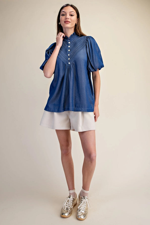 Puff Sleeve Blouse Ruffle Neck Smocked Detail