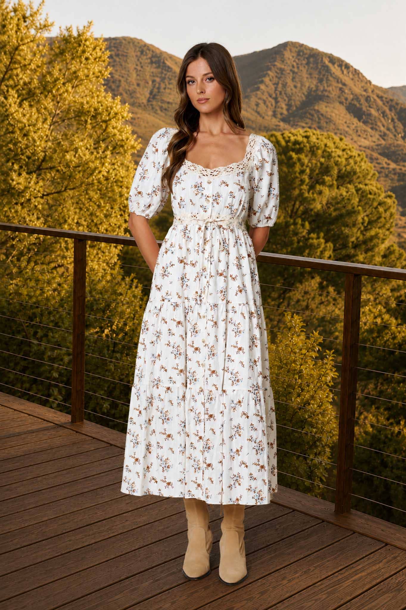 FLORAL CLIP DOT CROCHET LACE TRIM MIDI DRESS
