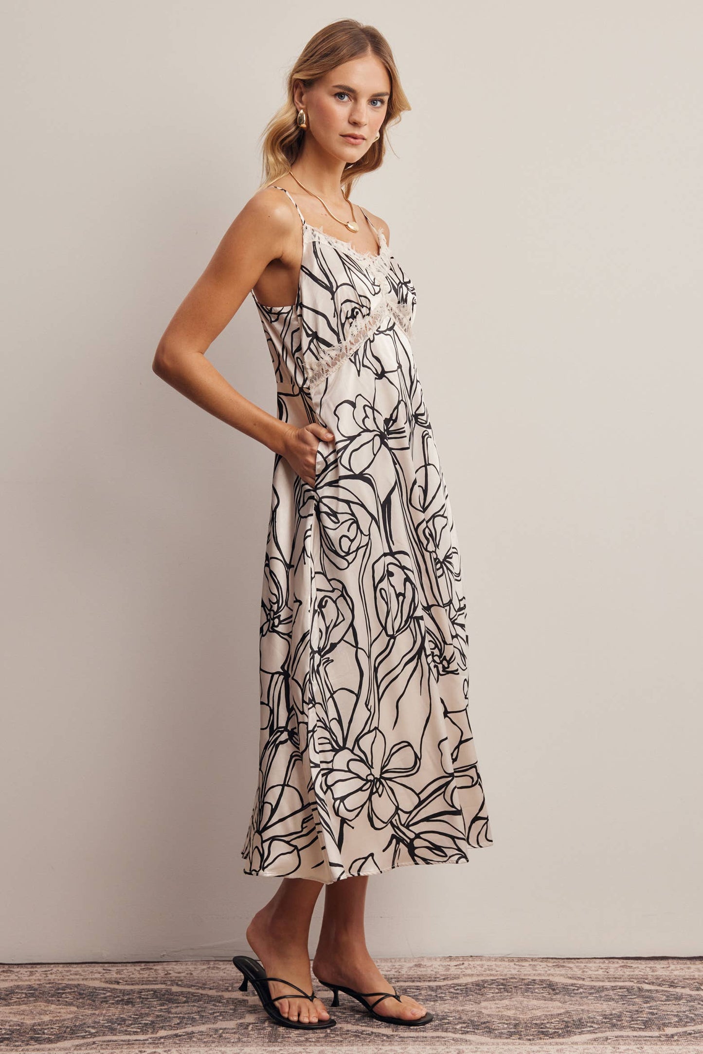 Lace Trim Floral Satin Midi Dress