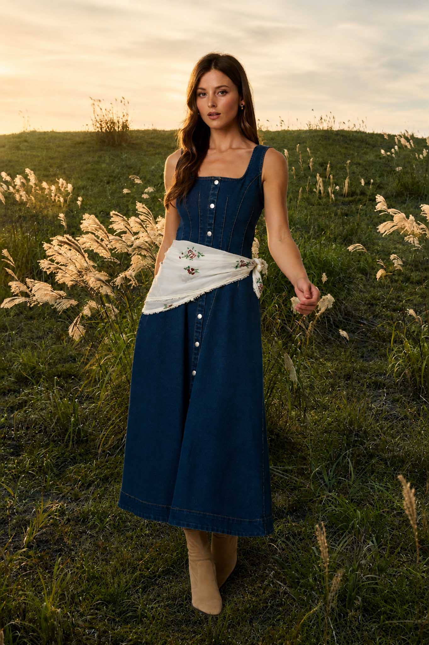 BUTTON DOWN SEAM DETAIL DENIM MIDI DRESS