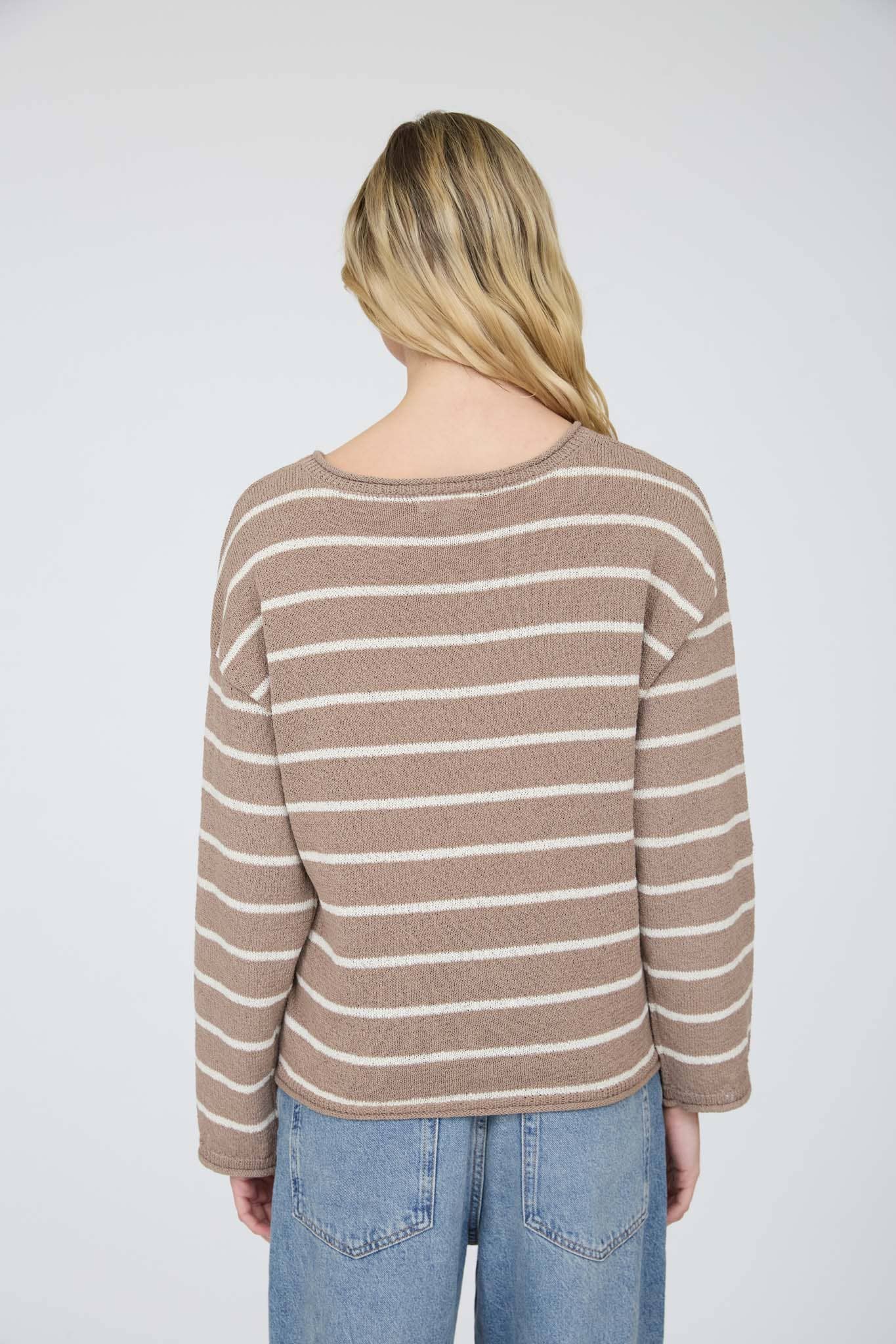 STRIPE TEXTURED RAW EDGE LONG SLEEVE KNIT SWEATER-BACKORDER