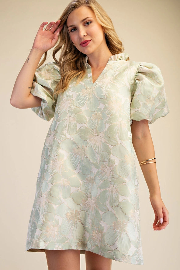 Ruffle V-Neck Puff Sleeve Mini Dress - Spring / Summer