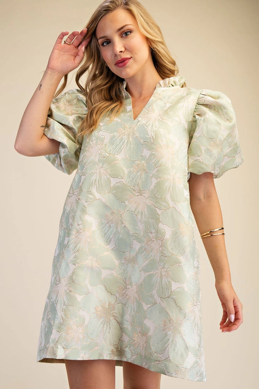 Ruffle V-Neck Puff Sleeve Mini Dress - Spring / Summer