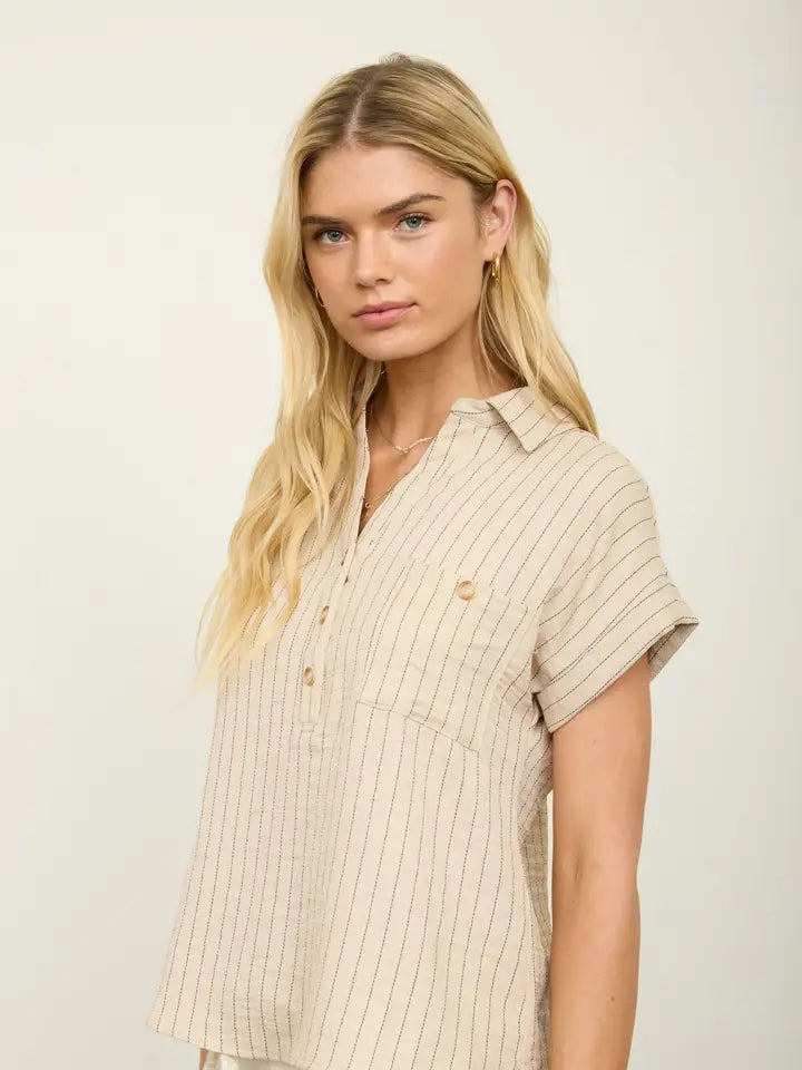 Stripe Collared Short Cuff Sleeve Half Button Top