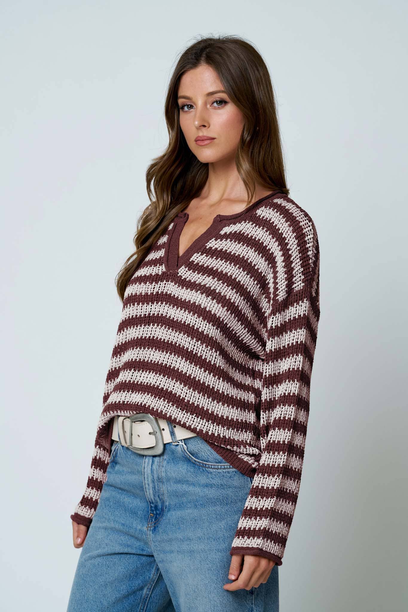 STRIPE RAW EDGE SPLIT NECK SWEATER