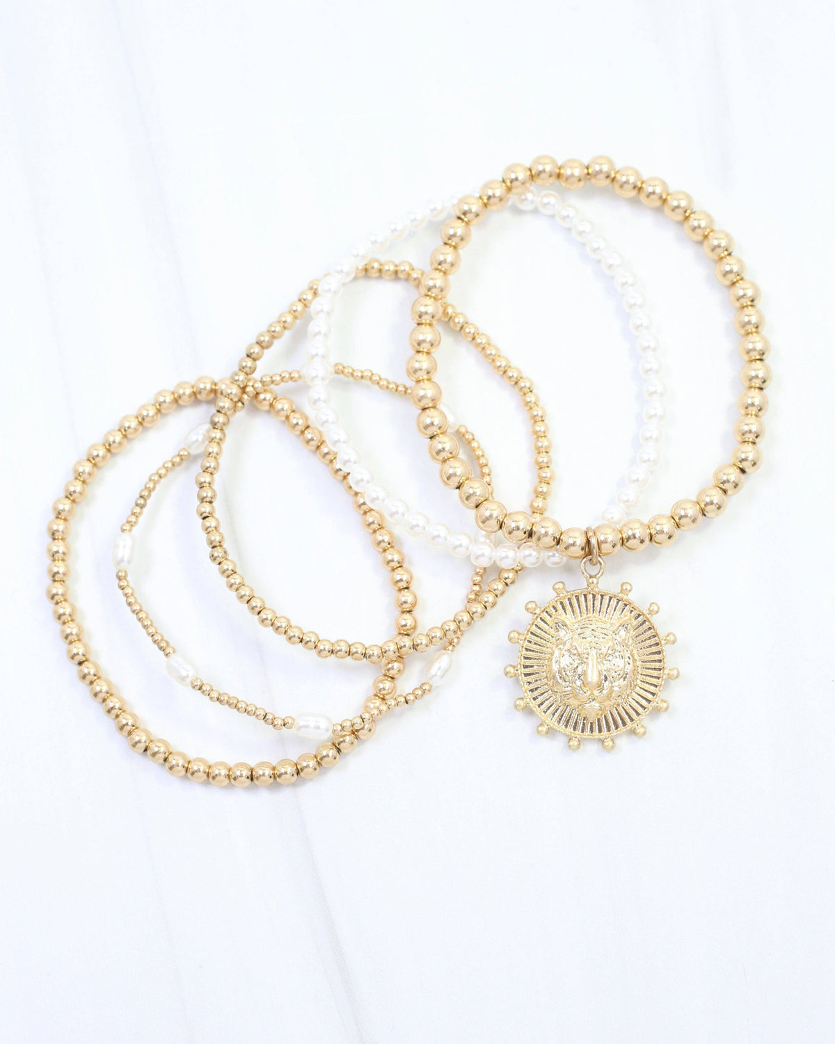 Carmen Coin Beaded Bracelet Set Tiger Worn Gold