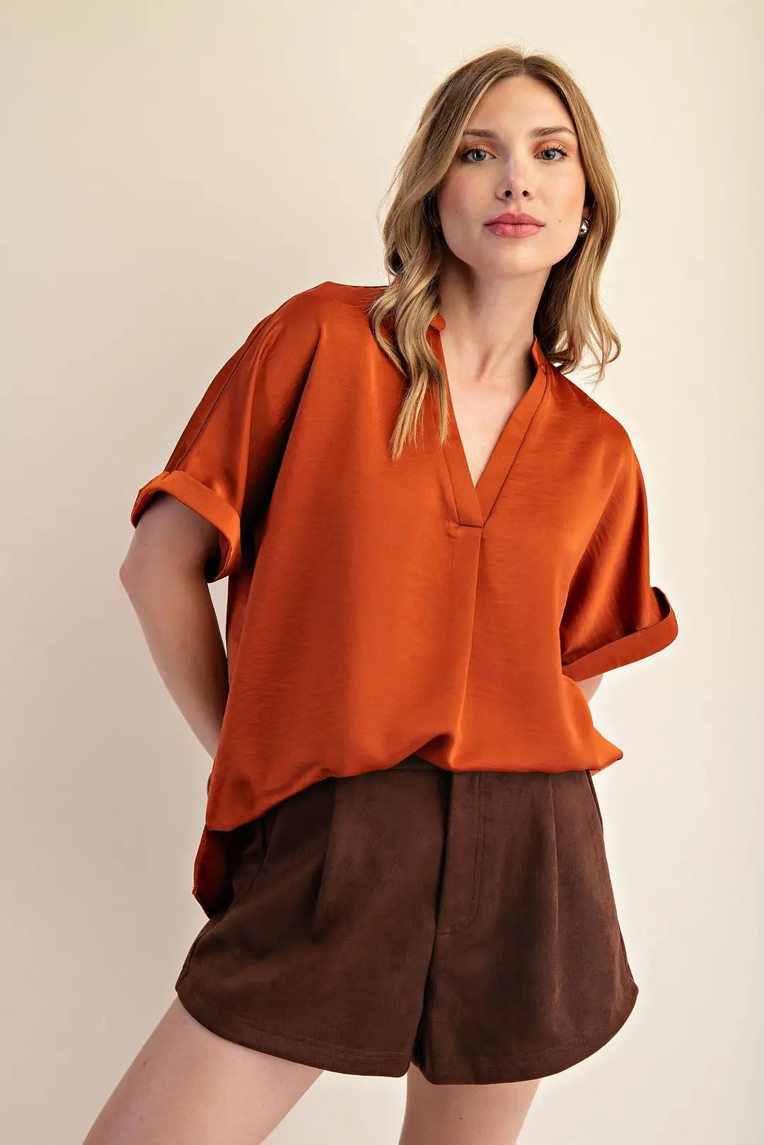 V-Neck Placket Cuffs Sleeve Top