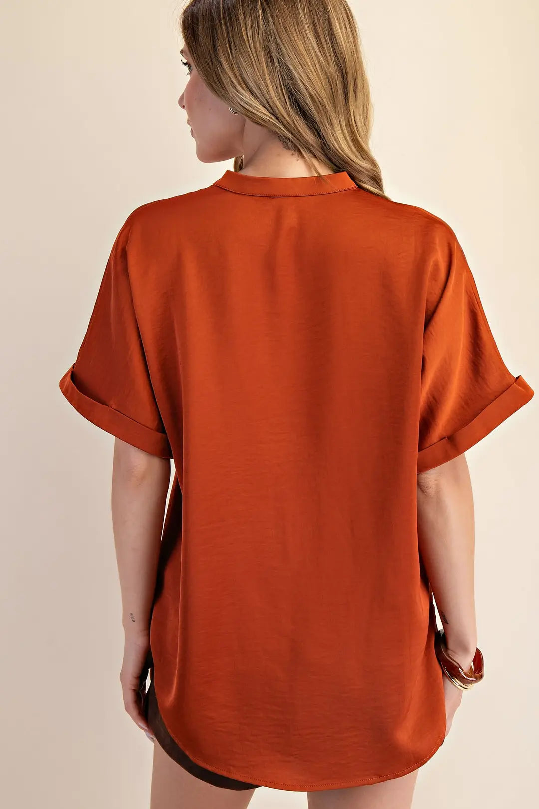 V-Neck Placket Cuffs Sleeve Top