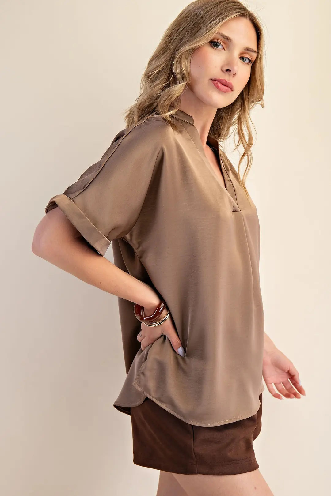 V-Neck Placket Cuffs Sleeve Top