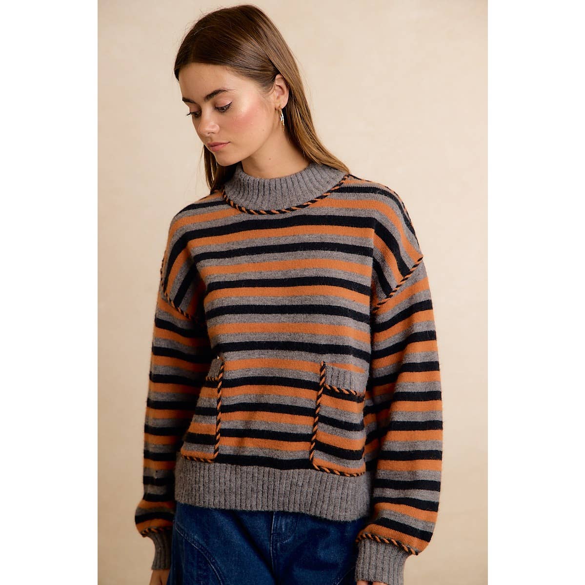 Halloween Striped Mock Neck Pocket Sweater