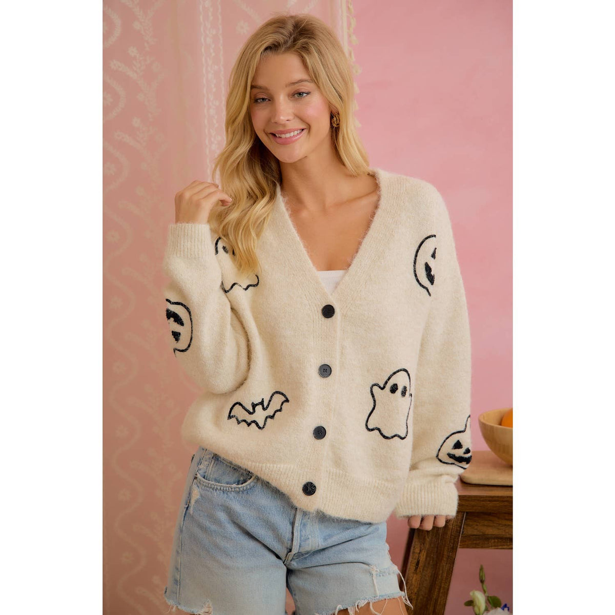 Halloween Ghost Pumpkin Button Cardigan