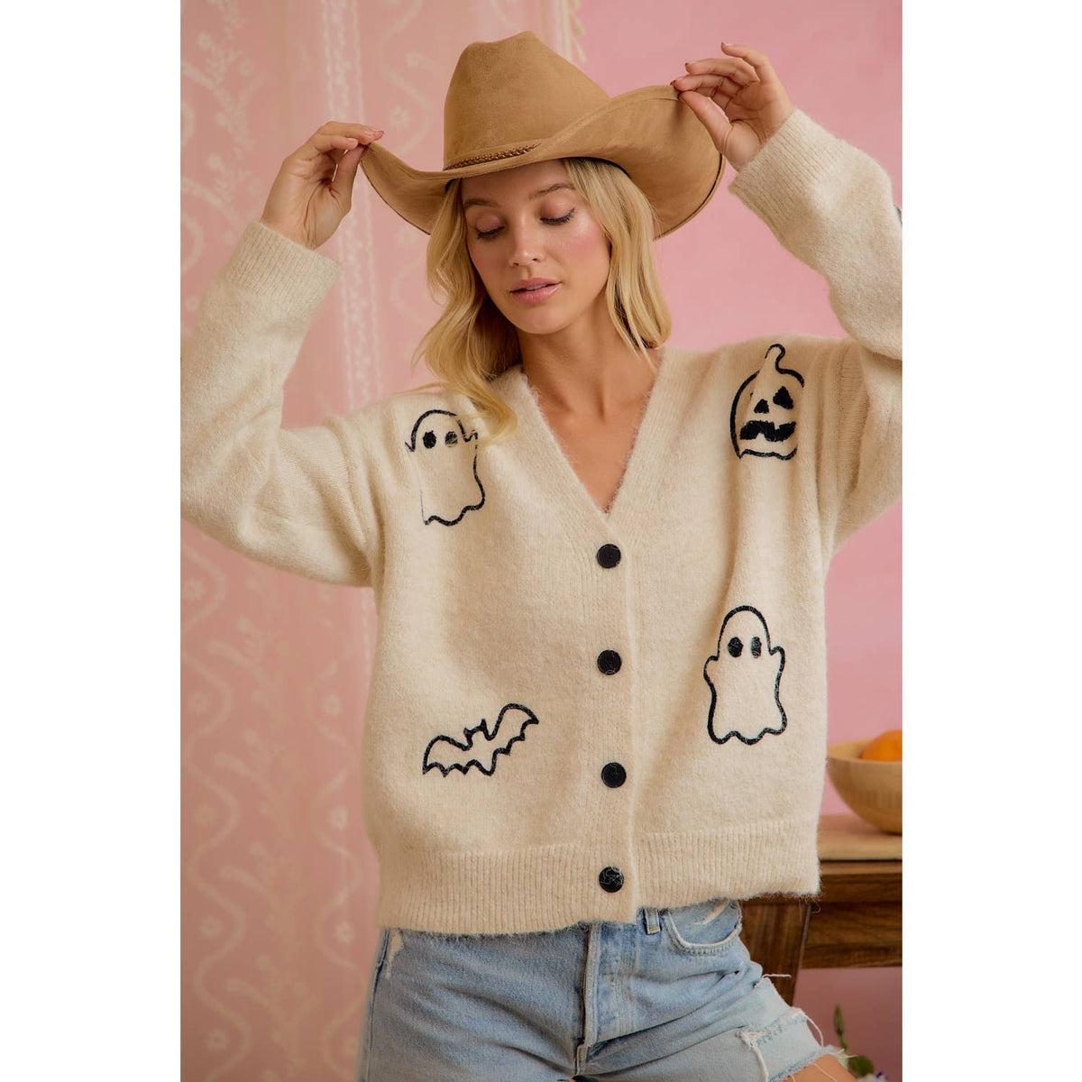 Halloween Ghost Pumpkin Button Cardigan