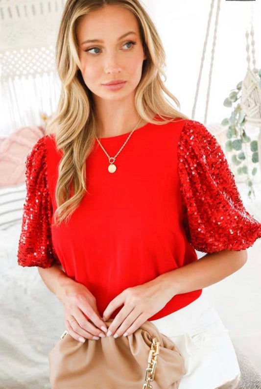Round Neck Sequin Blouse Red