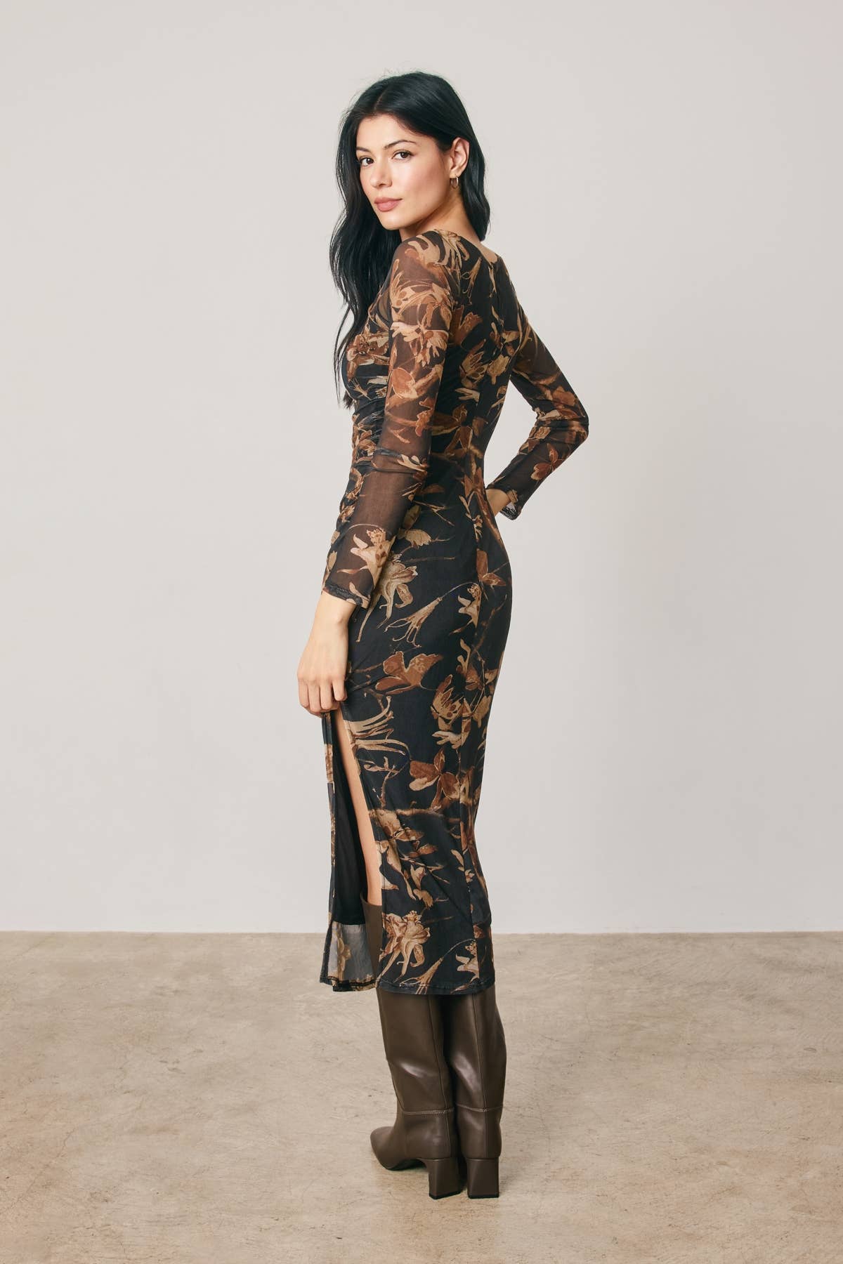 Floral Mesh Ruched Midi Dress