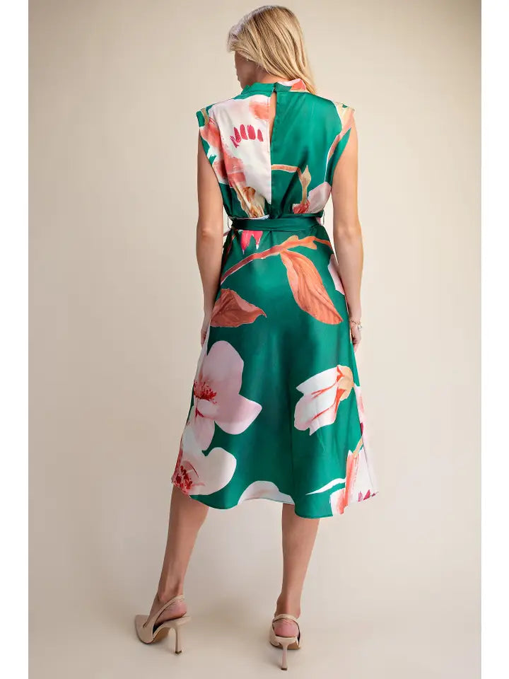 Floral Dress Cowl Neck Sleeveless Waist Tie Midi Satin