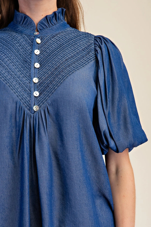 Puff Sleeve Blouse Ruffle Neck Smocked Detail
