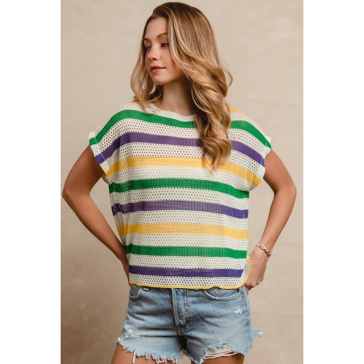MARDI GRAS STRIPES SHORT DOLMAN SLEEVE KNIT TOP