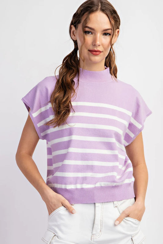 Mock Neck Short Sleeve Stripe Sweater