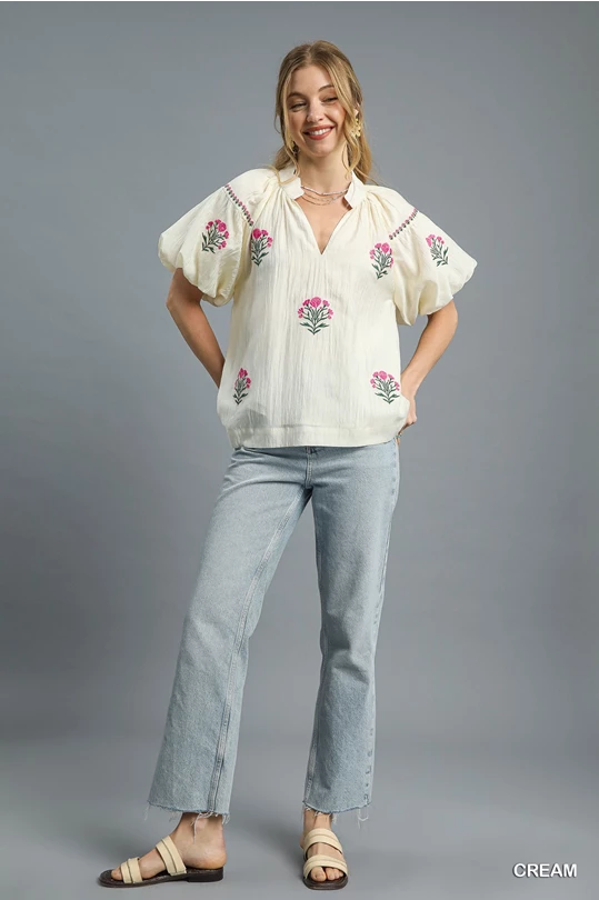 Floral Embroidered Puff Sleeve Blouse