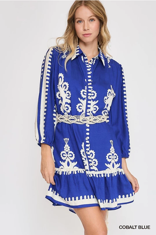 Border Print Tiered Hem Dress