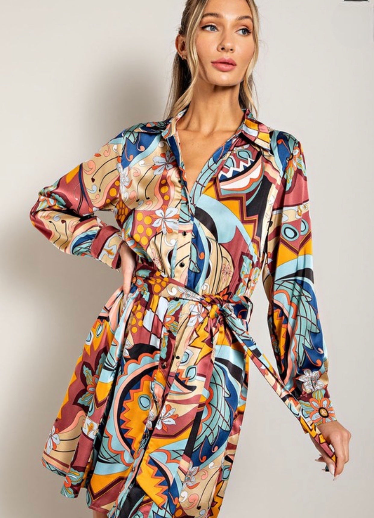 Abstract Print Tie Waist Mini Dress