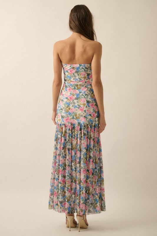 Floral Mesh Strapless Maxi Dress