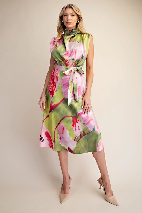 Floral Dress Cowl Neck Sleeveless Waist Tie Midi Satin