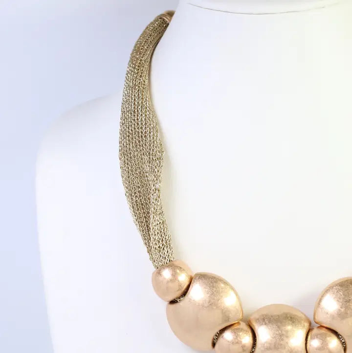 Woodstock Mesh Beaded Necklace Worn Gold
