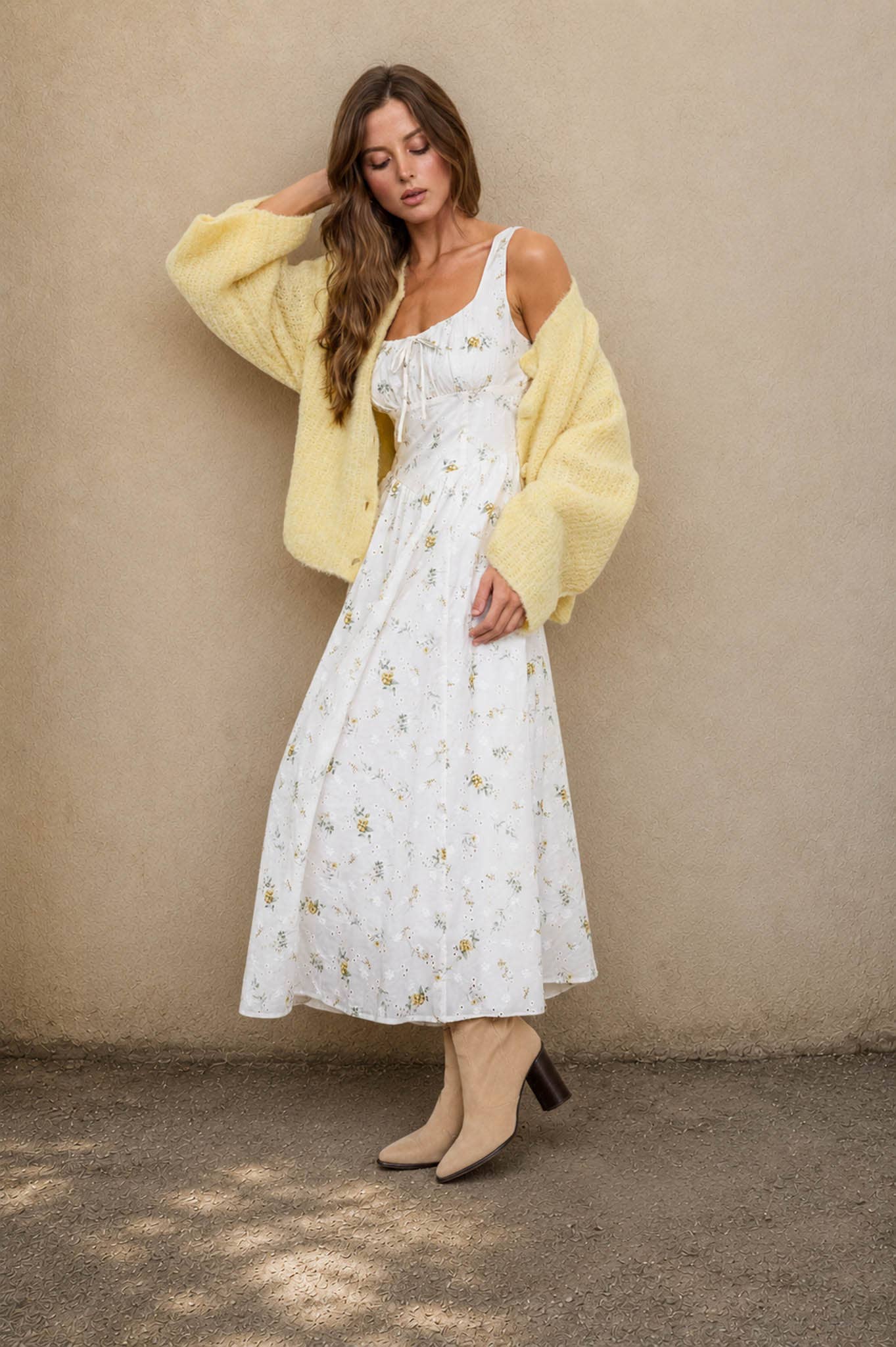 FLORAL EYELET TIE FRONT CORSET MIDI DRESS