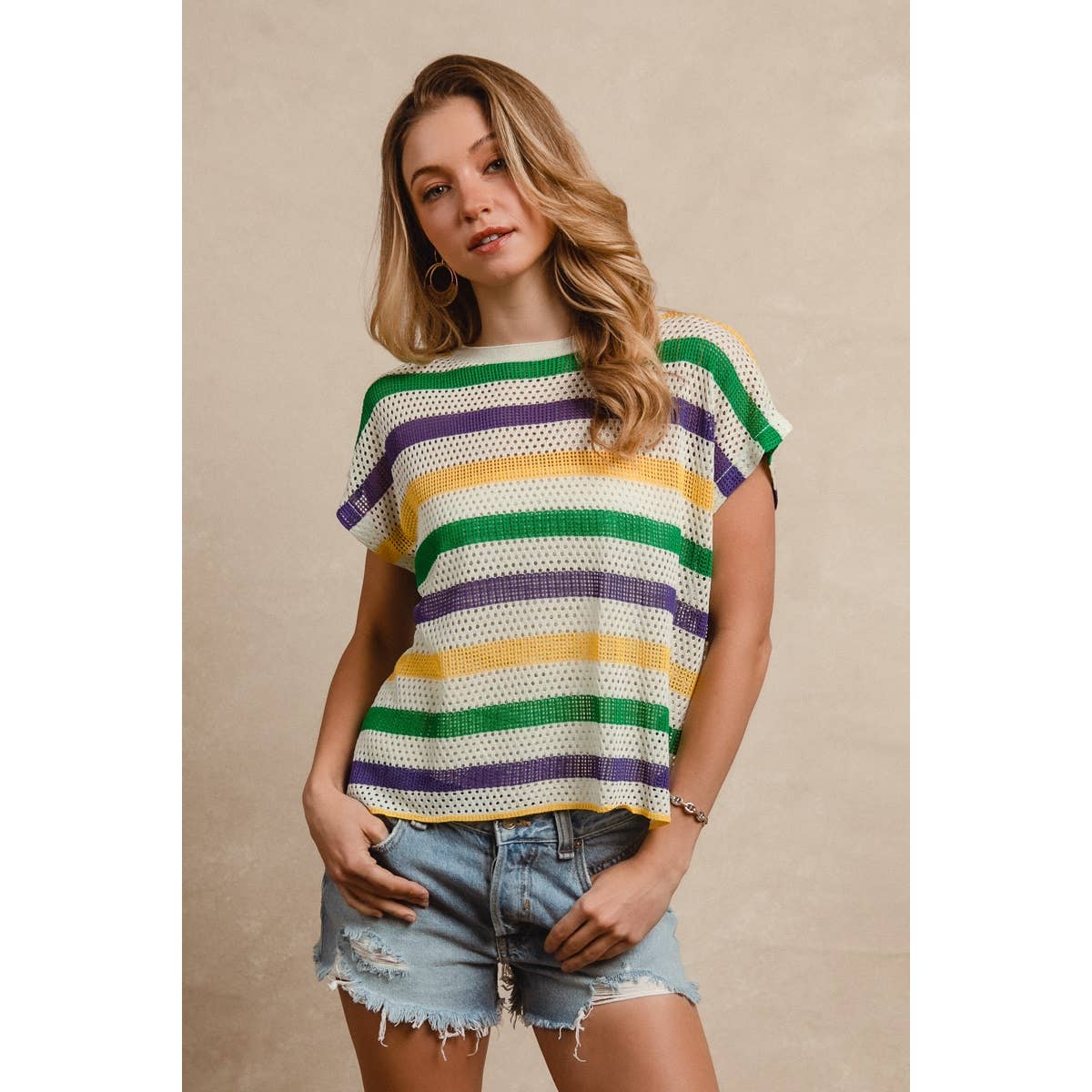 MARDI GRAS STRIPES SHORT DOLMAN SLEEVE KNIT TOP