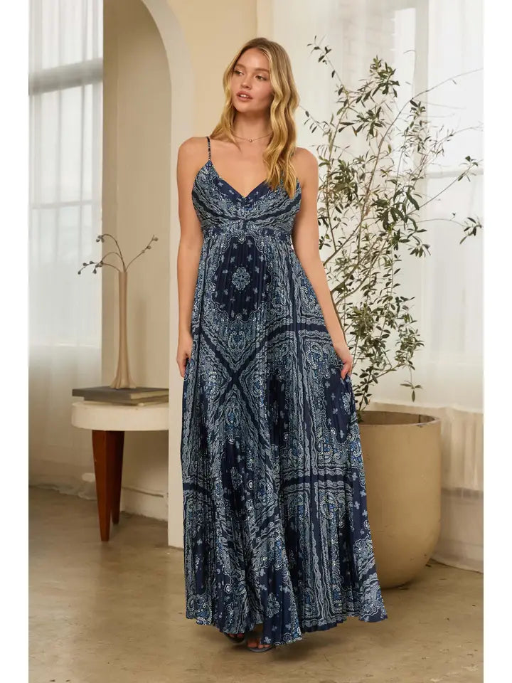 Bandana Print Pleated Maxi Dress