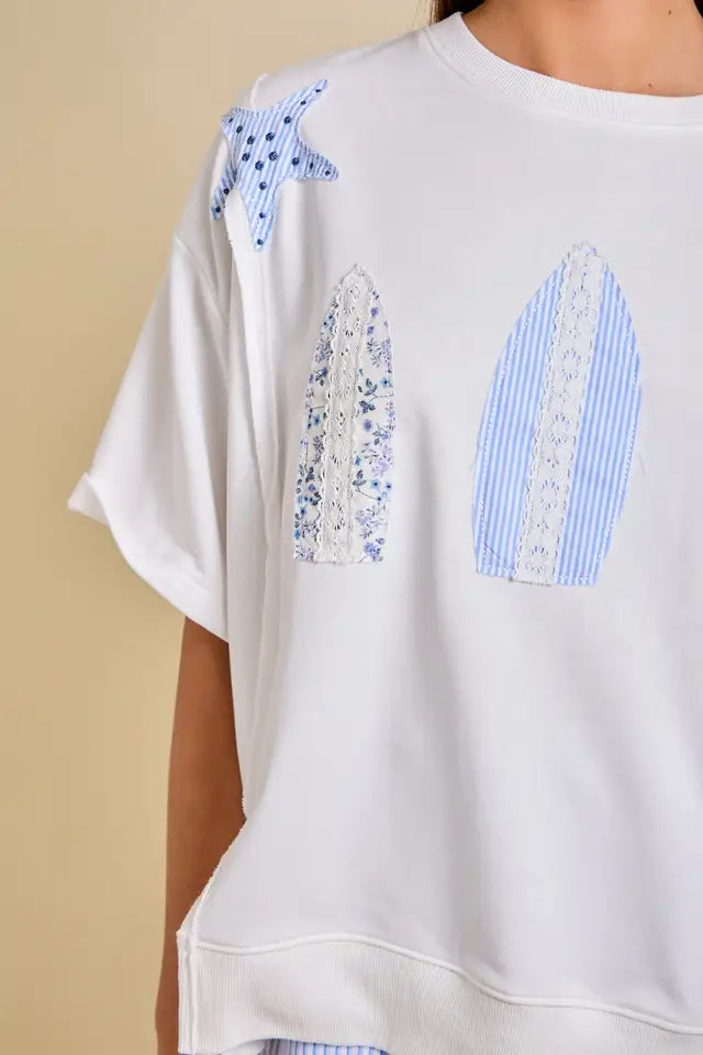Surfboard Patchwork Tee – Coastal Summer Top