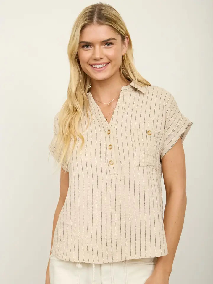 Stripe Collared Short Cuff Sleeve Half Button Top
