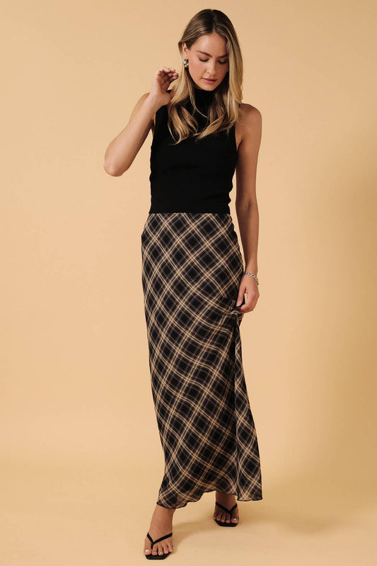 High Waist Plaid Chiffon Midi Skirt