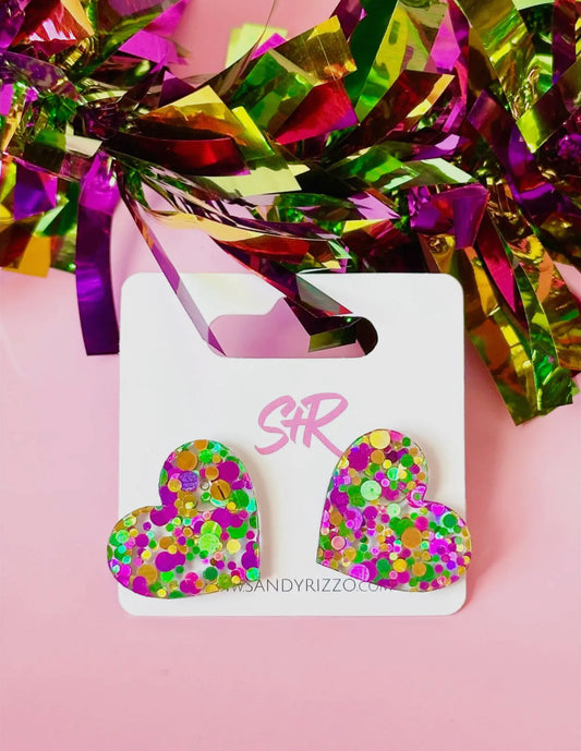 Mardi Gras Large Heart Stud Earrings