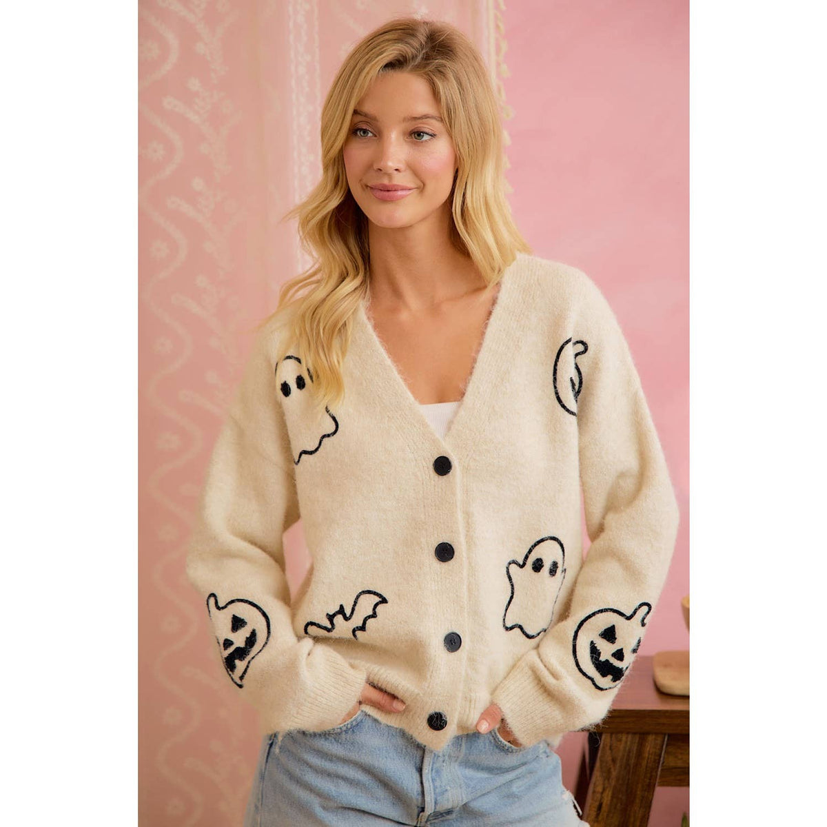 Halloween Ghost Pumpkin Button Cardigan